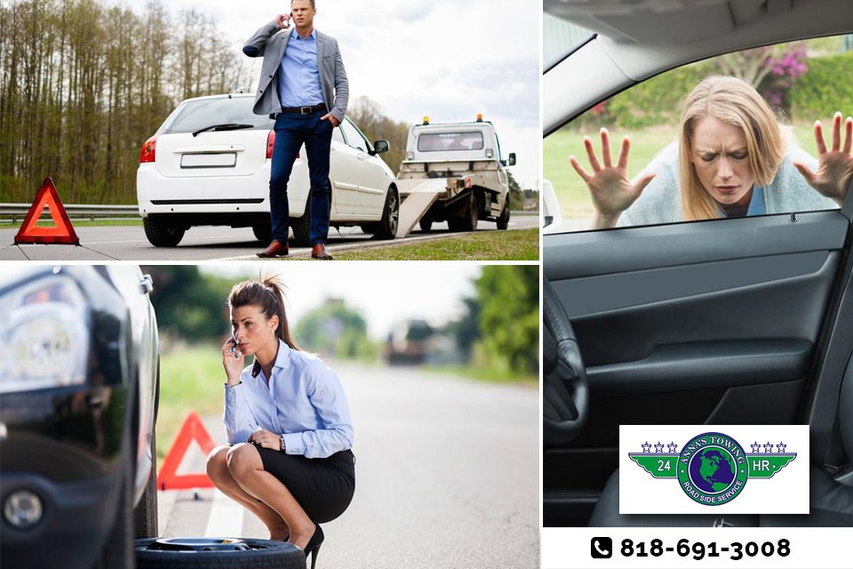 Why-Using-a-Van-Nuys-Towing-Service-is-Important-to-You A collage of photos with a woman in the back seat of a car.