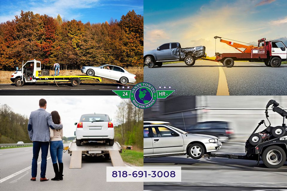 Canoga-Park-Towing-Can-be-a-Great-Help-in-an-Emergency A collage of different types of vehicles and people.