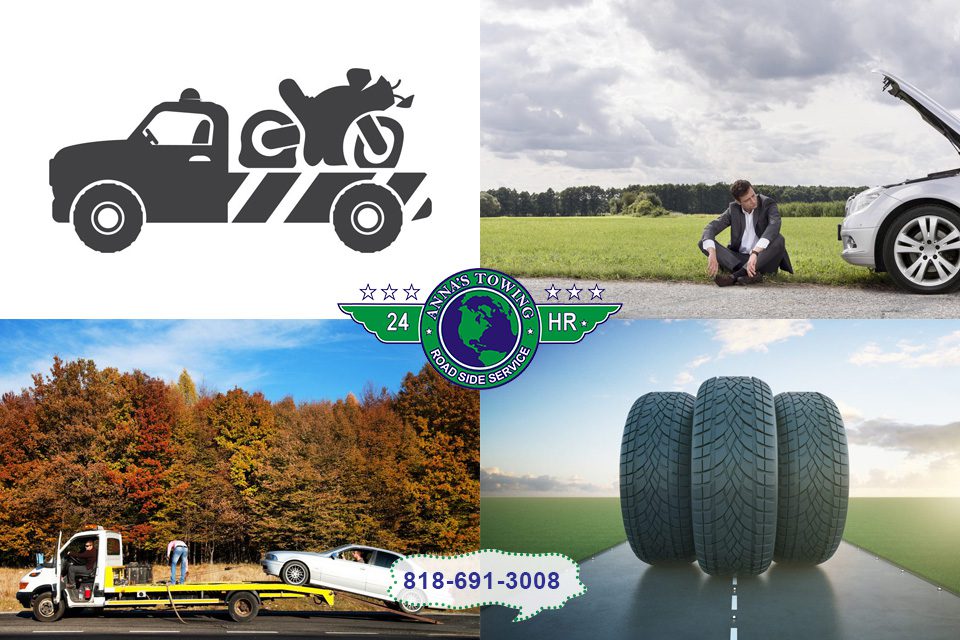 For-Emergency-Help-with-Your-Vehicle-Call-Our-Valley-Village-Towing A collage of different types of tires and a person sitting on the ground.