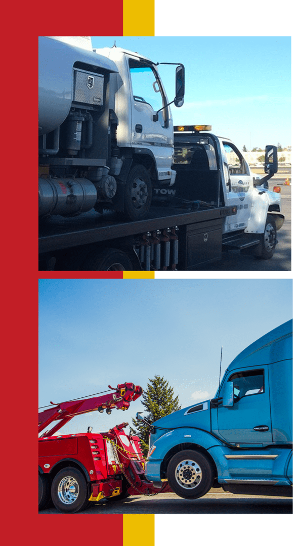 Tow trucks transporting other large vehicles.