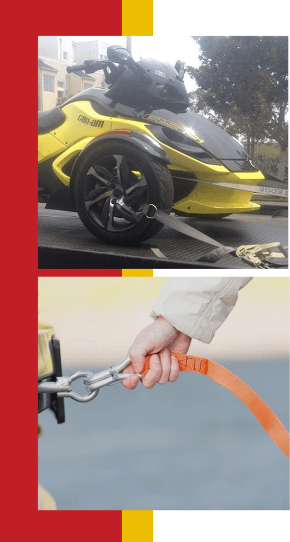 Yellow three-wheeler and hand holding strap.