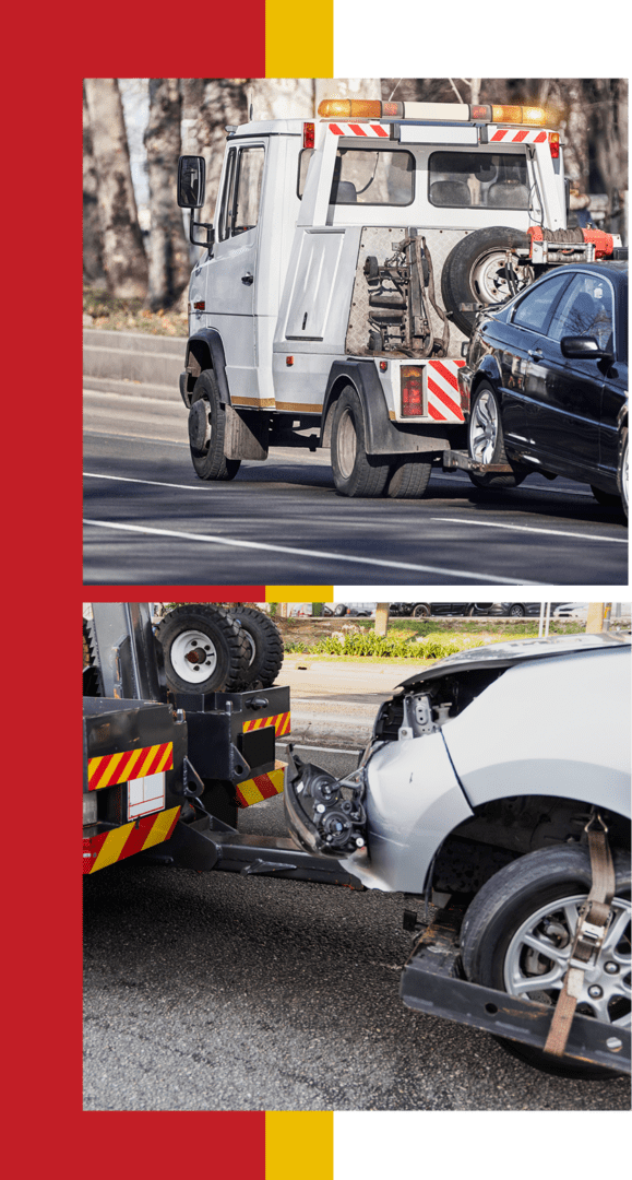 Tow truck transporting damaged vehicles.