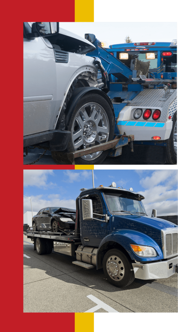 Tow truck transporting damaged car on highway.