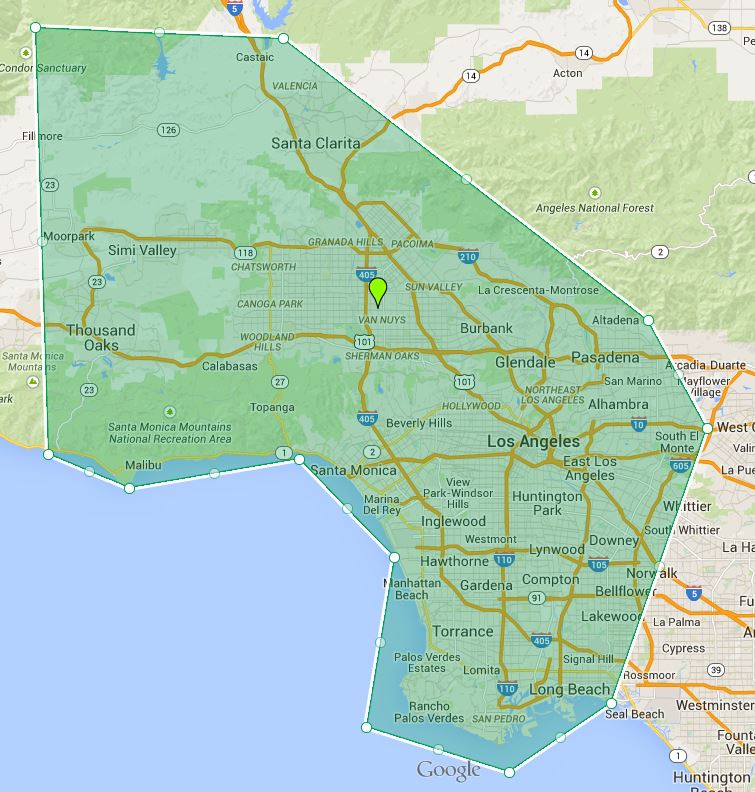 Service-areas-LA-Roadside-Service Map highlighting Los Angeles County area.