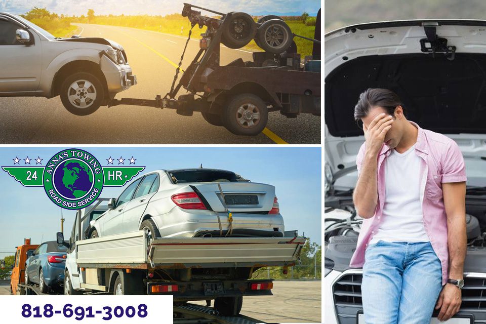 What-to-Expect-from-a-Glendale-Towing-Service A collage of photos with cars and a man in the back.