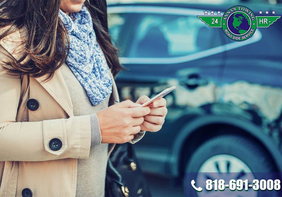 A woman is looking at her phone while standing next to a car.