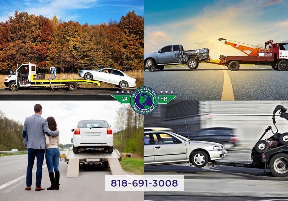 Canoga-Park-Towing-Can-be-a-Great-Help-in-an-Emergency A collage of different types of vehicles and people.