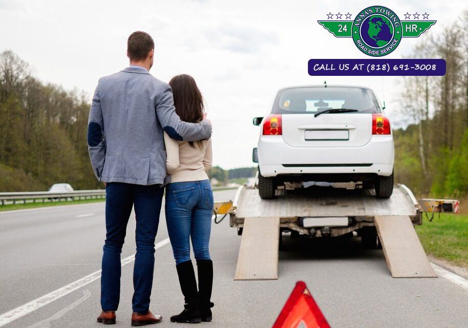 A man and woman standing next to a car on the road.