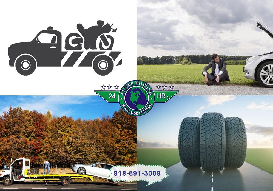 For-Emergency-Help-with-Your-Vehicle-Call-Our-Valley-Village-Towing A collage of different types of tires and a person sitting on the ground.