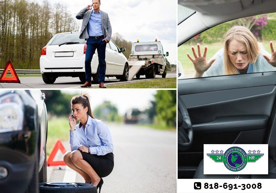 Why-Using-a-Van-Nuys-Towing-Service-is-Important-to-You A collage of photos with a woman in the back seat of a car.